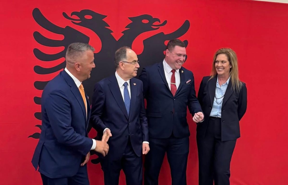 Nick Pappas with President Bajram Begaj of Albania and local leaders at the Albanian American Cultural Center.