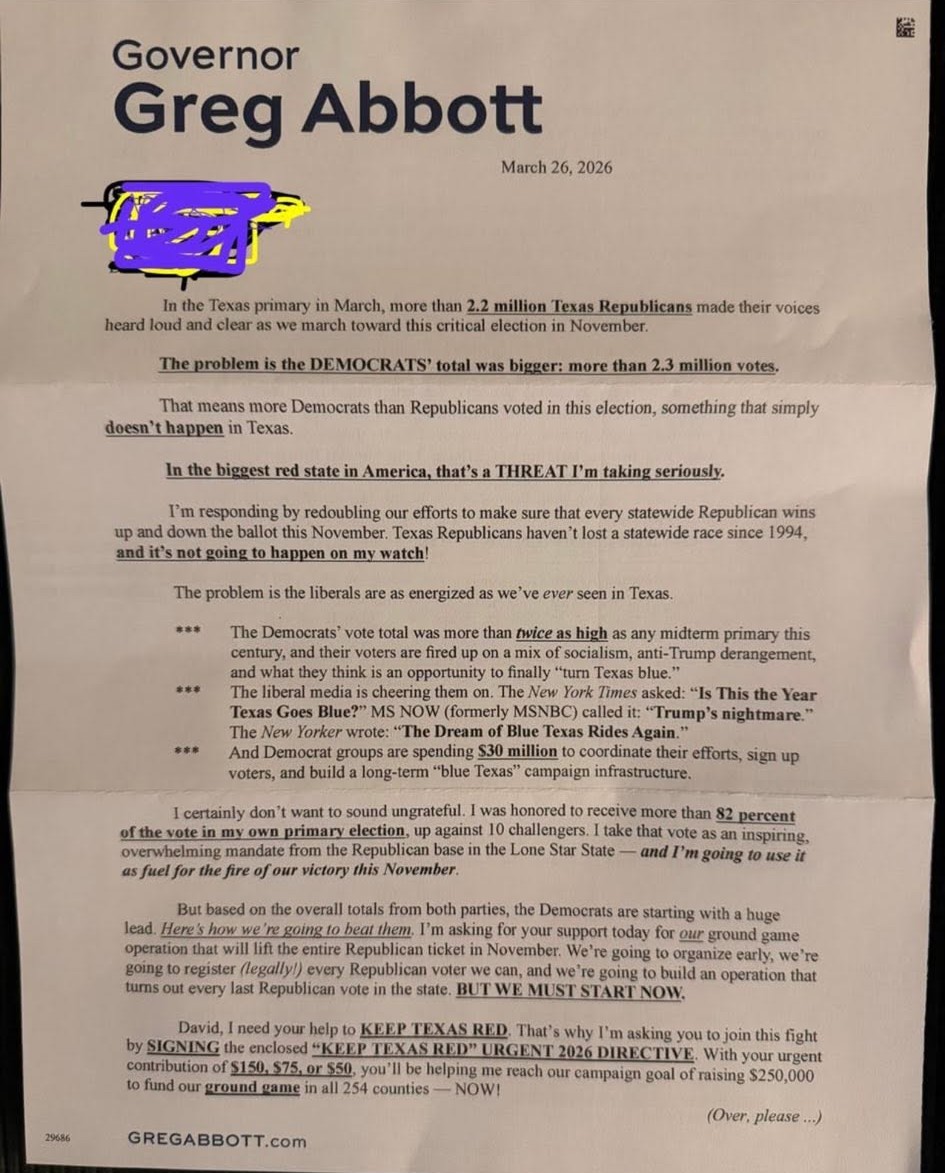 Governor Greg Abbott's fundraising letter, dated March 26, 2026.