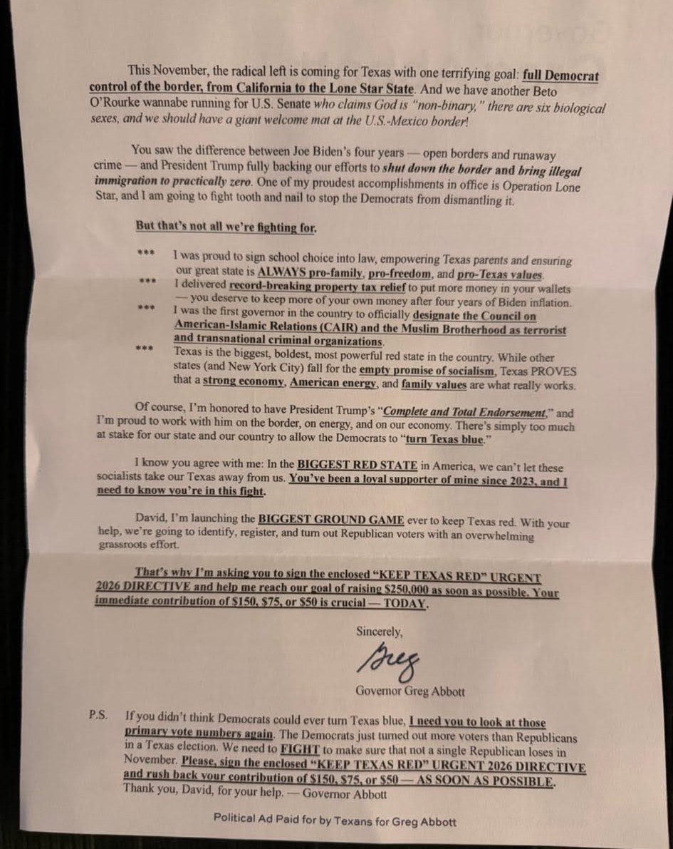Governor Greg Abbott's fundraising letter, dated March 26, 2026.